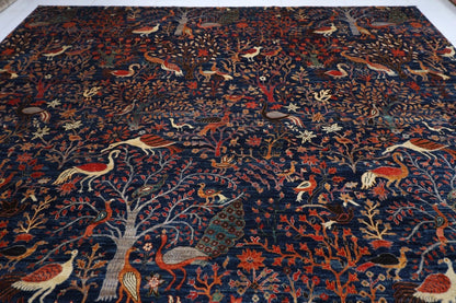 354 x 539 cm | Birds Navy Blue Handmade Large Size Afghan Area Rug Hand Knotted Carpet Living Room Rug