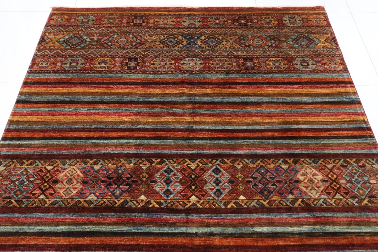 180 x 248 cm | Striped Afghan Tribal Hand Knotted Veg Dye Wool Carpet