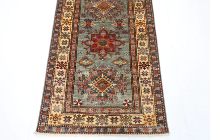 82 x 268 cm | Blueish Grey Kazak Afghan Tribal Hand Knotted Wool Runner