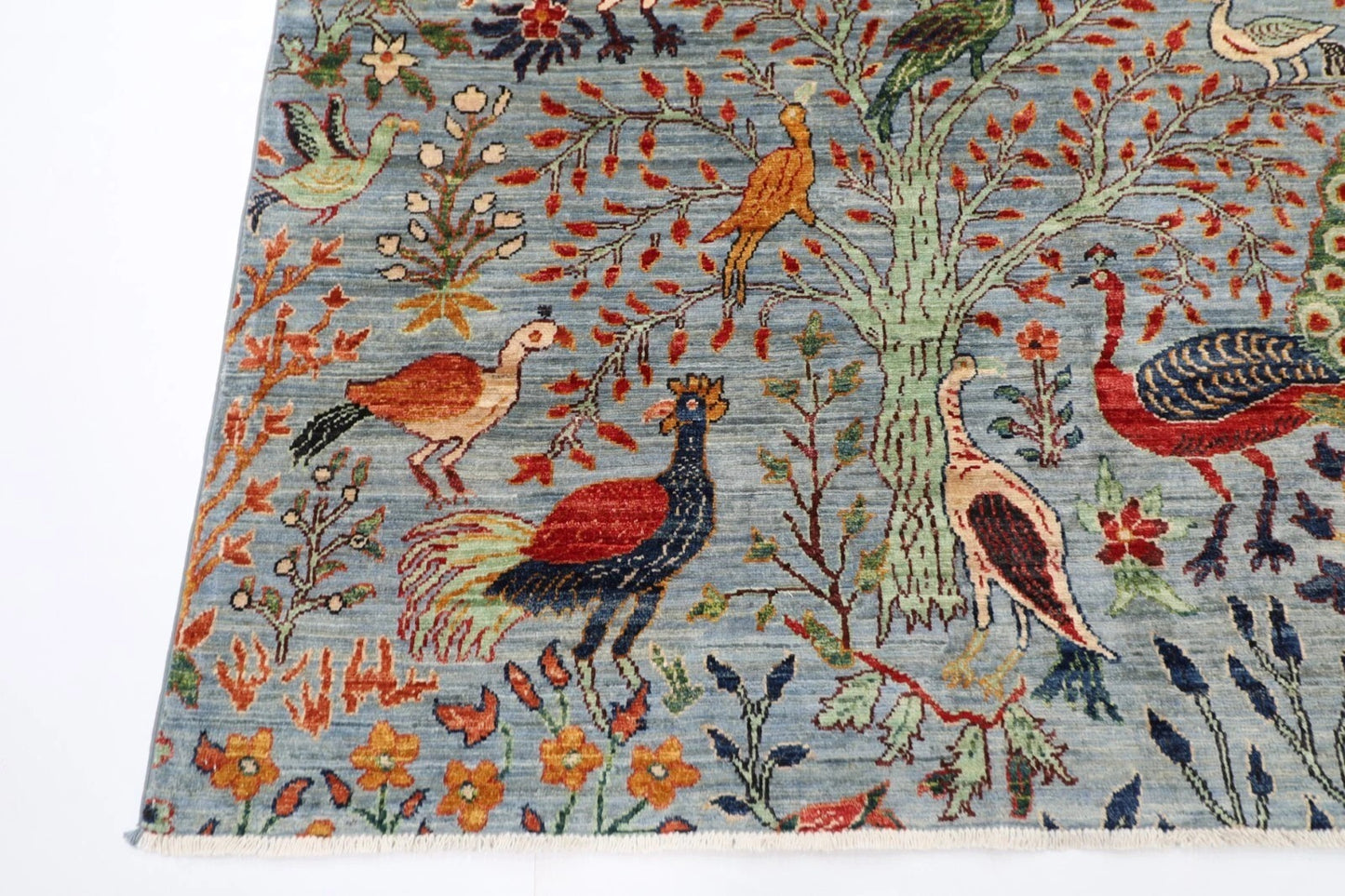 188 x 266 cm |  Birds Gray Afghan Tribal Hand Knotted Veg Dye Wool carpet