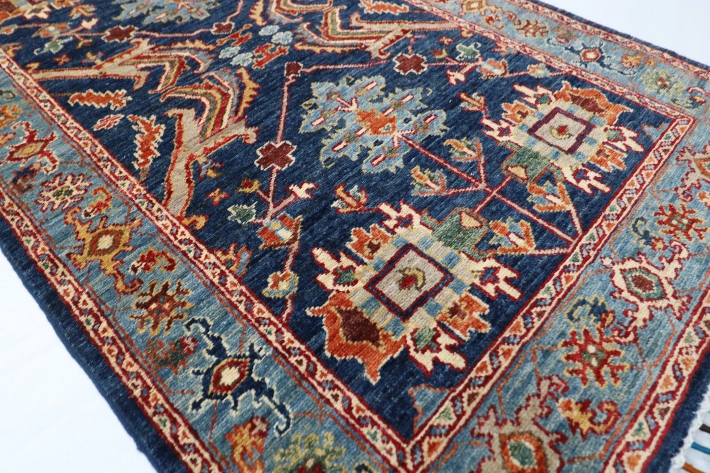 92 x 353 cm | Navy Afghan Tribal Hand Knotted Wool Runner