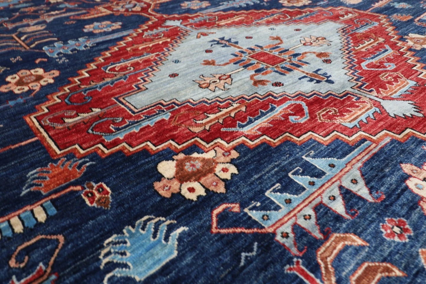 275 x 363 cm | Serapi Navy Afghan Tribal Hand Knotted Carpet