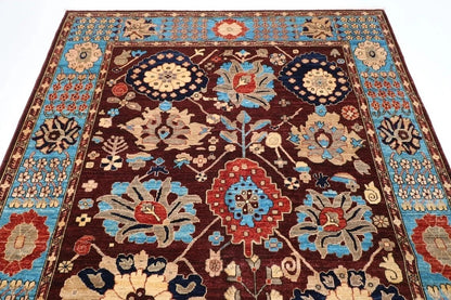 182 x 275 cm | Floral Brown Afghan Tribal Hand Knotted Veg Dye Wool Carpet