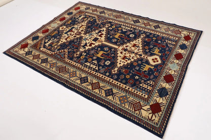 163 x 203 cm | Navy Afghan Tribal Hand Knotted Veg Dye Wool carpet