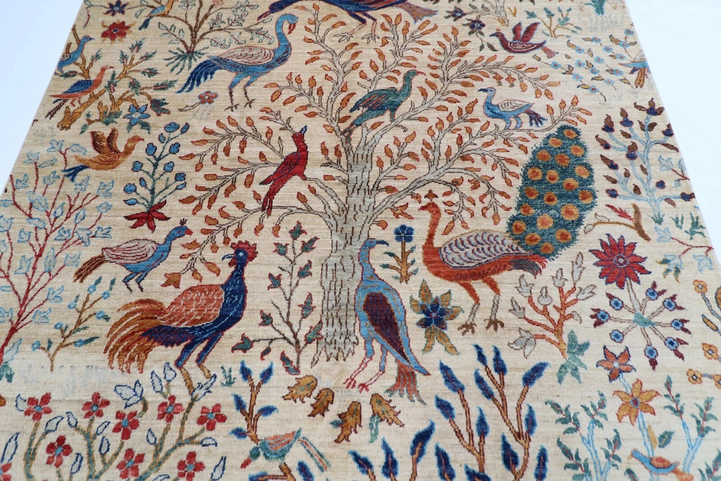 184 x 275 cm |  Birds Beige Afghan Tribal Hand Knotted Veg Dye Wool carpet