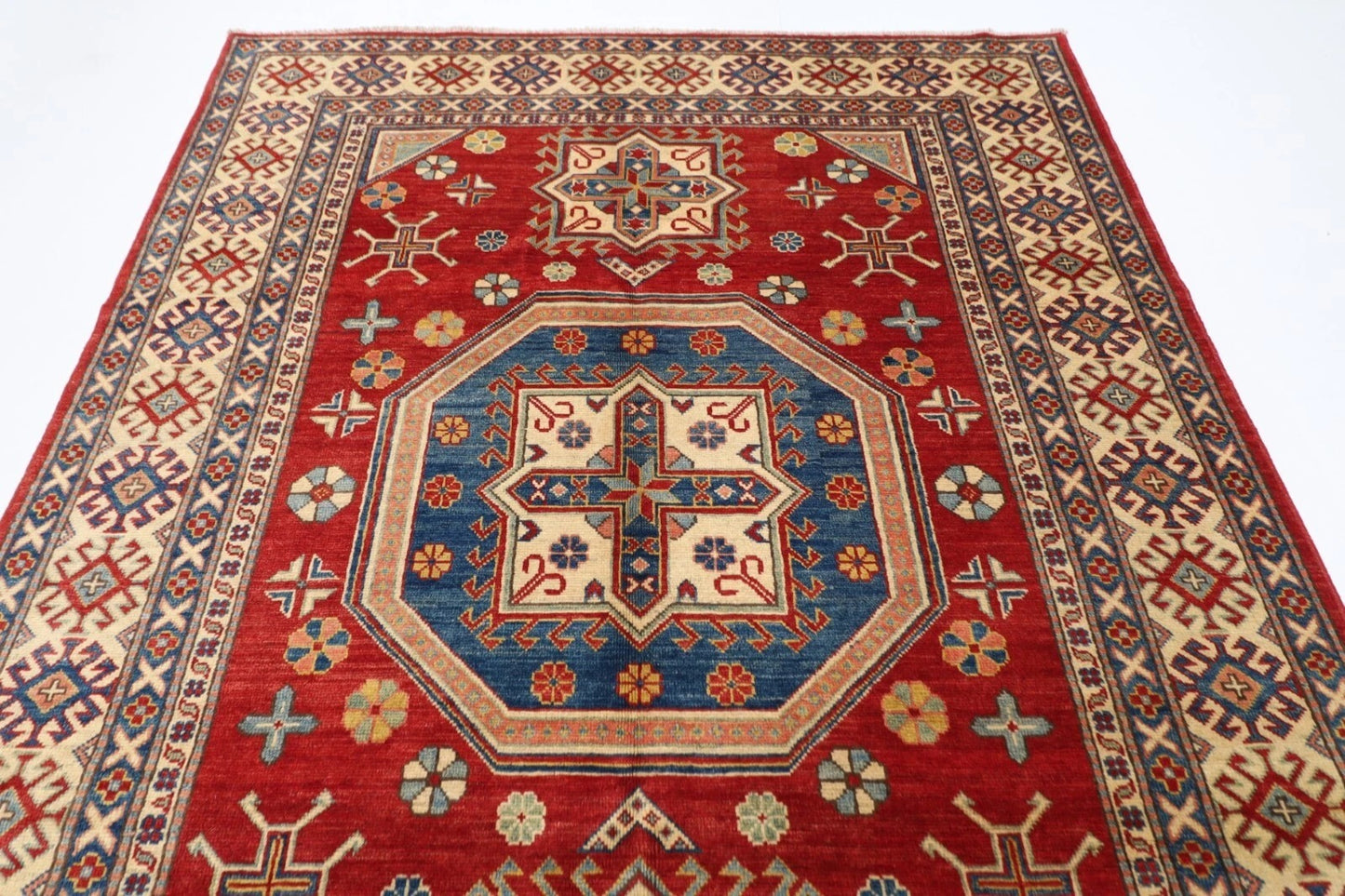 177 x 248 cm | Kazak Afghan Tribal Hand Knotted Veg Dye Wool Carpet