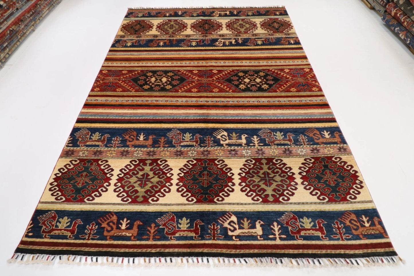 204 x 294 cm | Striped Afghan Tribal Hand Knotted Carpet