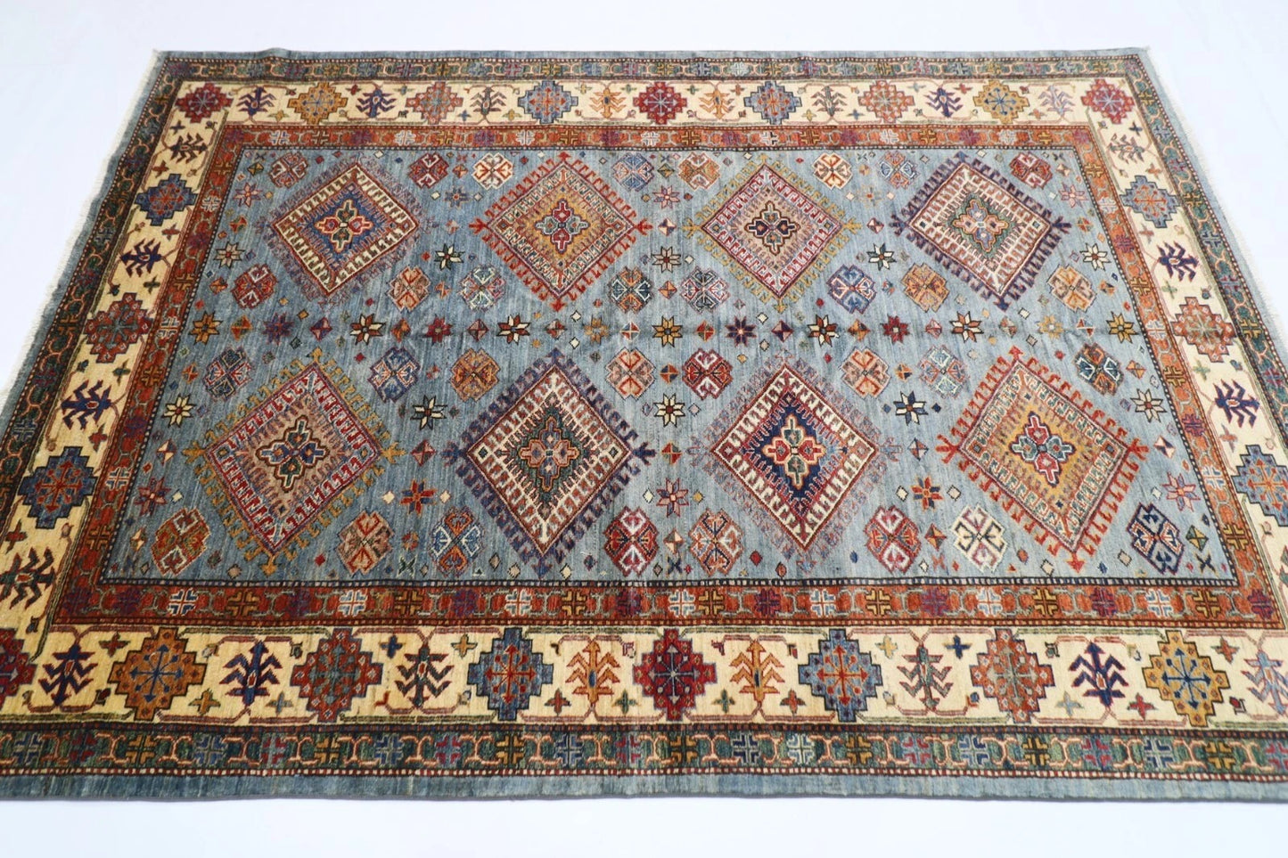 168 x 248 cm | Kazak Afghan Tribal Hand Knotted Veg Dye Wool Carpet