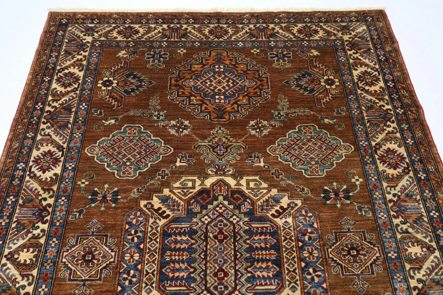 171 x 238 cm | Kazak Afghan Tribal Hand Knotted Veg Dye Wool Carpet caramel