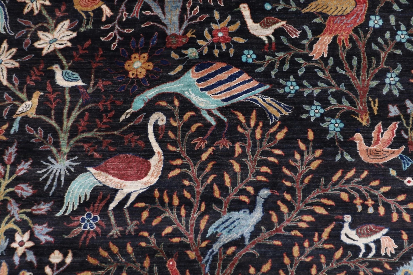 363 x 436 cm | Birds Black Afghan Tribal Hand Knotted Carpet