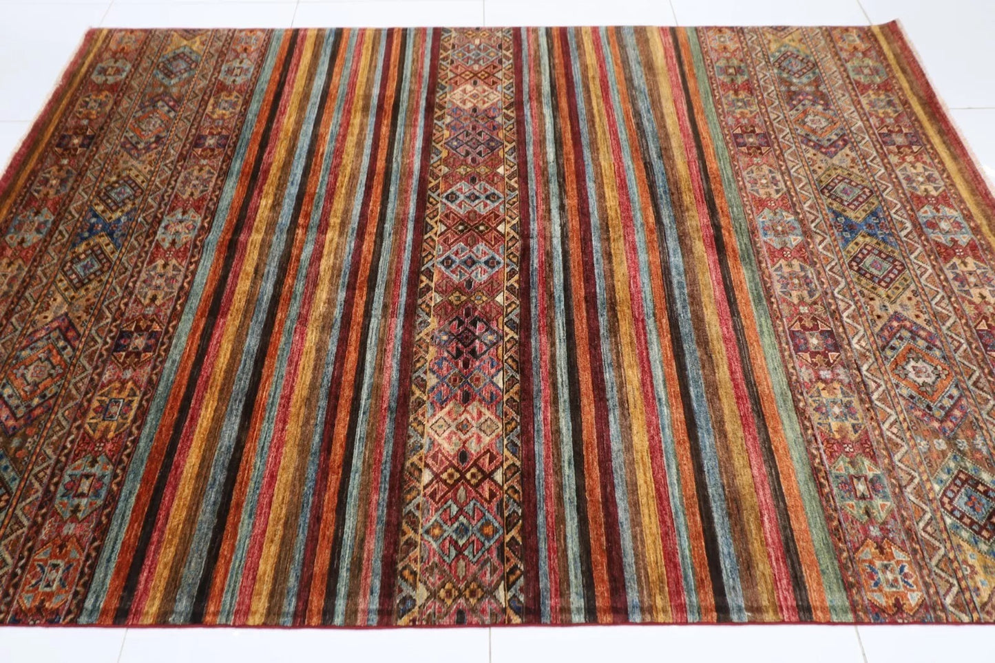 180 x 248 cm | Striped Afghan Tribal Hand Knotted Veg Dye Wool Carpet