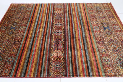 180 x 248 cm | Striped Afghan Tribal Hand Knotted Veg Dye Wool Carpet