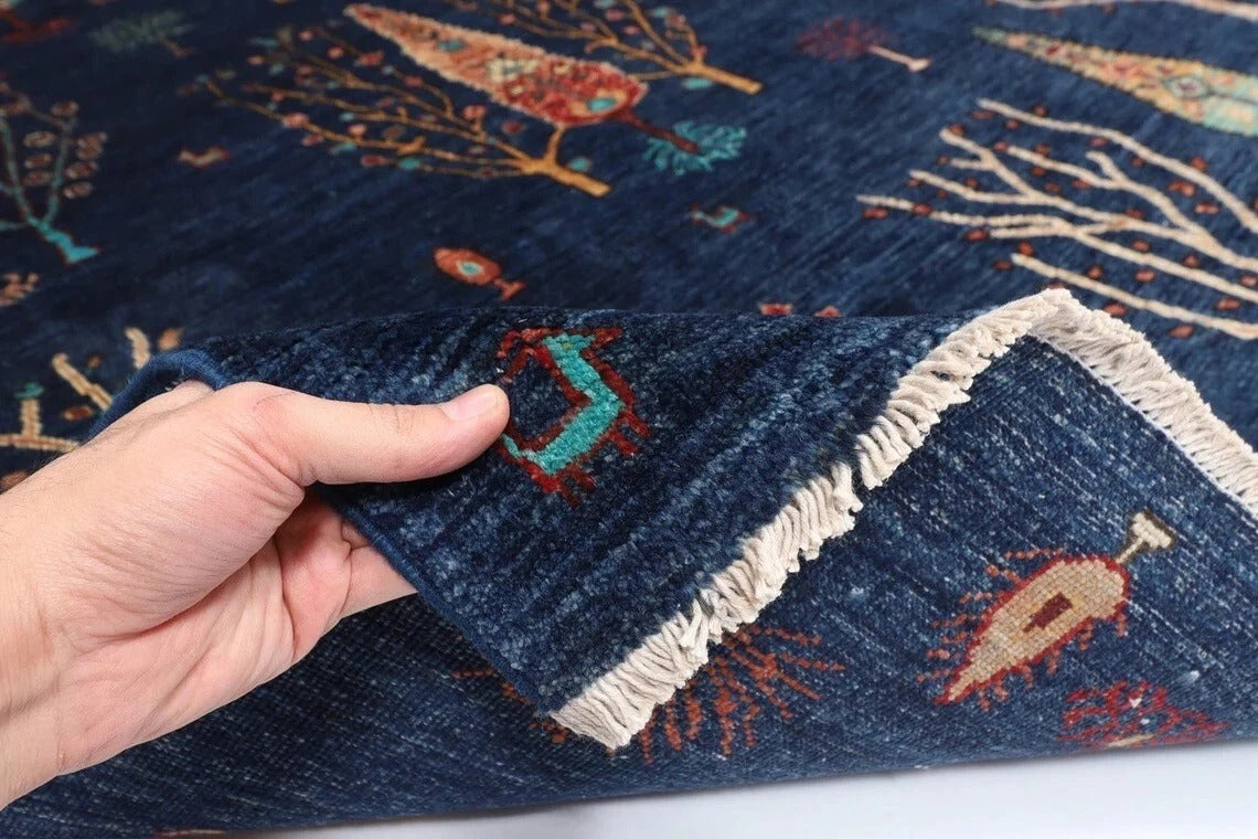 246 x 306 cm | Tree Navy Afghan Tribal Hand Knotted Carpet