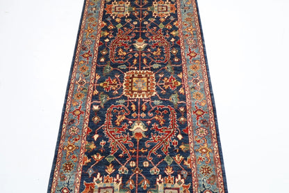 92 x 353 cm | Navy Afghan Tribal Hand Knotted Wool Runner
