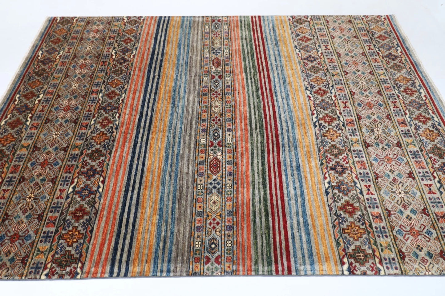 175 x 240 cm | Striped Afghan Tribal Hand Knotted Veg Dye Wool Carpet