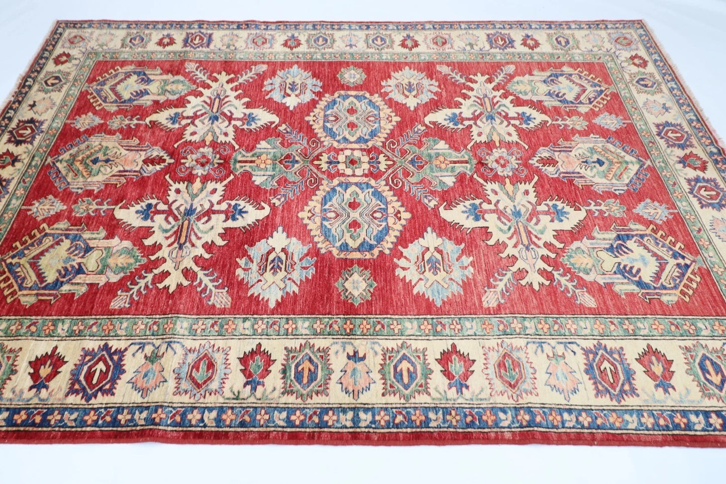 183 x 248 cm | Kazak Afghan Tribal Hand Knotted Veg Dye Wool Carpet