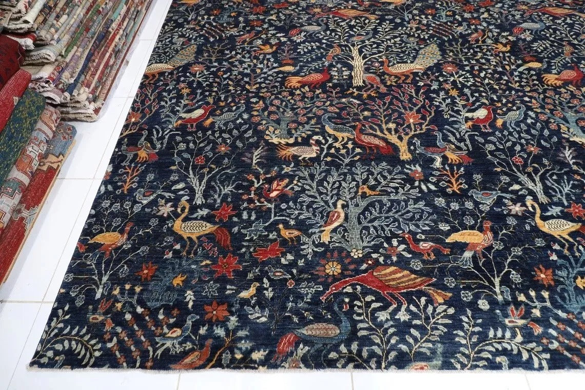 361 x 460 cm | Birds Navy Blue Handmade Large Size Afghan Area Rug Hand Knotted Carpet Living Room Rug