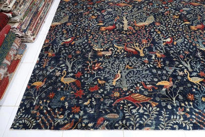 361 x 460 cm | Birds Navy Blue Handmade Large Size Afghan Area Rug Hand Knotted Carpet Living Room Rug