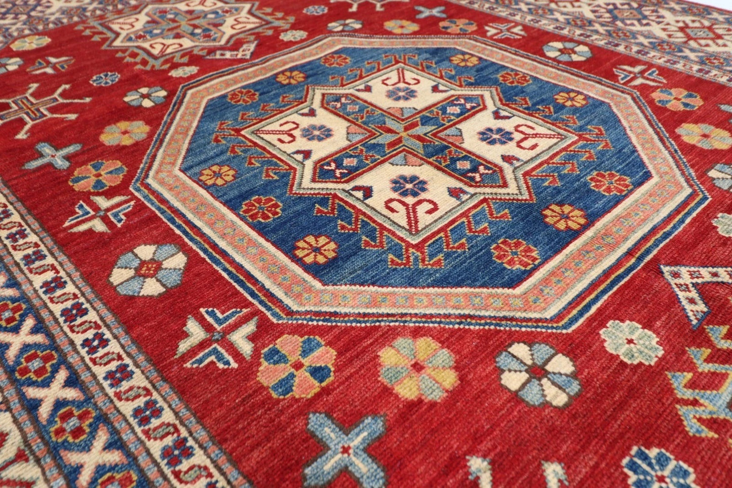 177 x 248 cm | Kazak Afghan Tribal Hand Knotted Veg Dye Wool Carpet