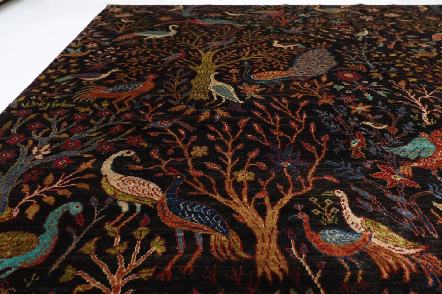 306 x 421 cm | Birds Black Afghan Hand Knotted Carpet