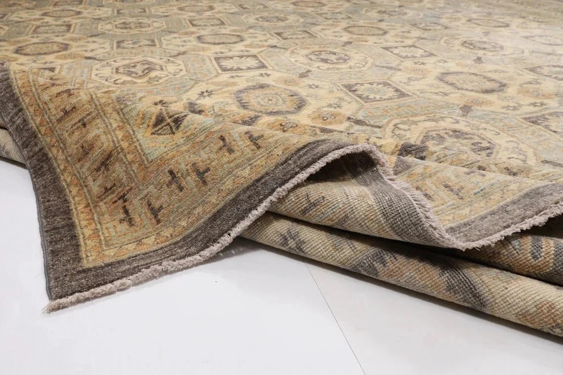 378 x 477 cm | Beige Afghan Handmade Large Size Area Rug Hand Knotted Carpet Living Room Rug