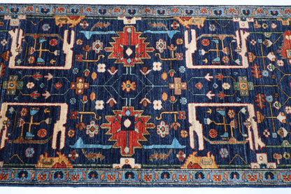 84 x 305 cm | Navy Blue Afghan Tribal Hand Knotted Wool Runner