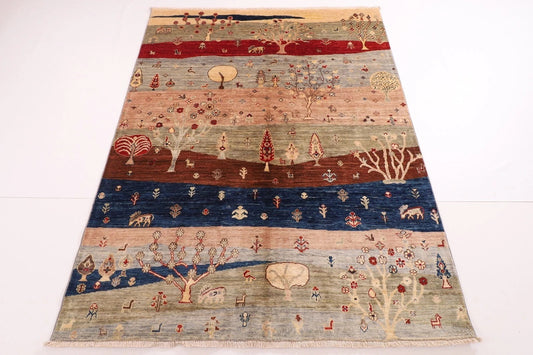 155 x 201 cm | Landscape Afghan Tribal Hand Knotted Veg Dye Wool Carpet