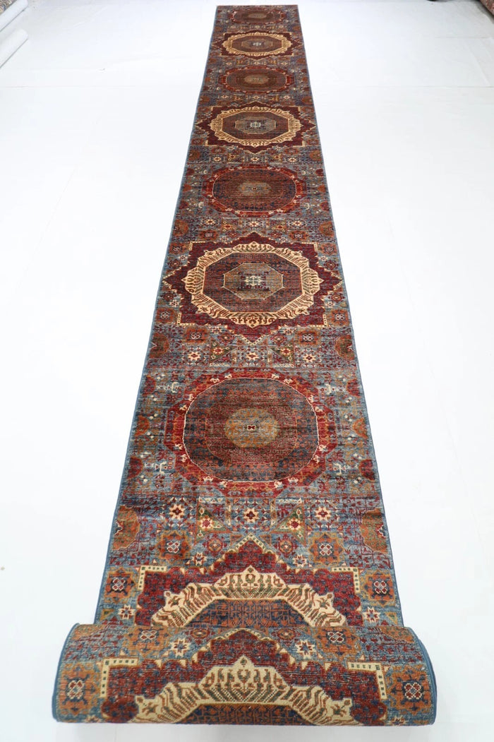 82 x 925 cm | Mamluk Blue Afghan Tribal Hand Knotted Wool Runner