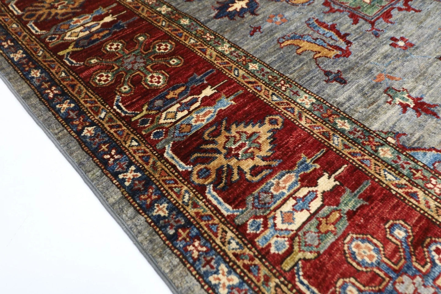 173 x 240 cm | Kazak Afghan Tribal Hand Knotted Veg Dye Wool Carpet Blueish Grey