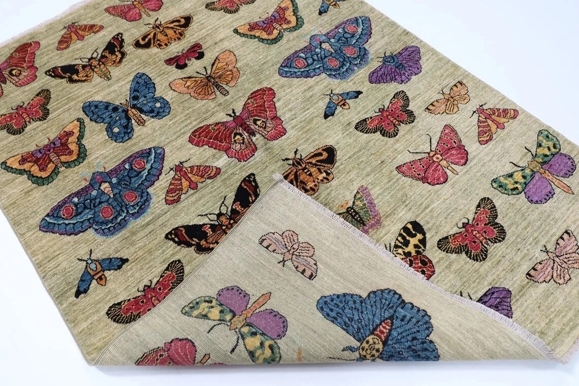 149 x 199 cm | Butterflies Afghan Tribal Hand Knotted Veg Dye Wool Carpet