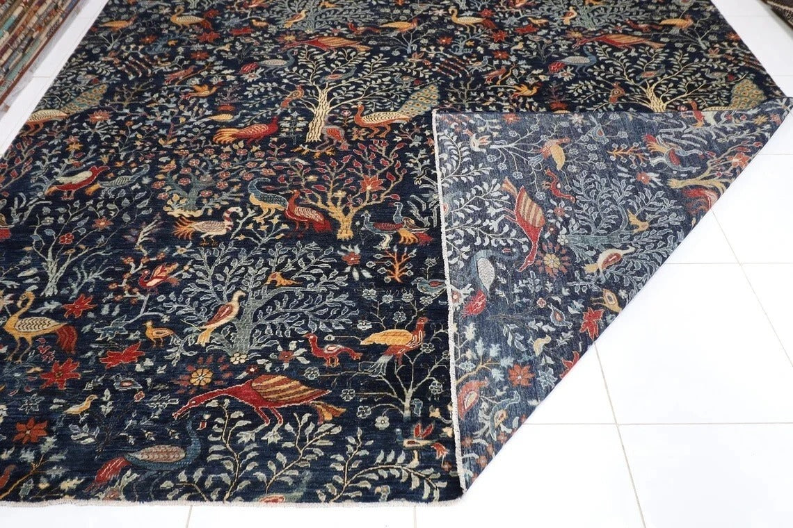 361 x 460 cm | Birds Navy Blue Handmade Large Size Afghan Area Rug Hand Knotted Carpet Living Room Rug