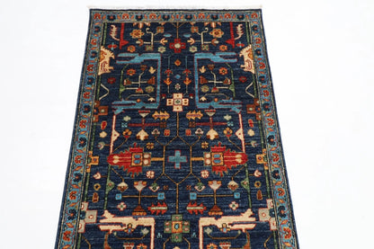 84 x 305 cm | Navy Blue Afghan Tribal Hand Knotted Wool Runner