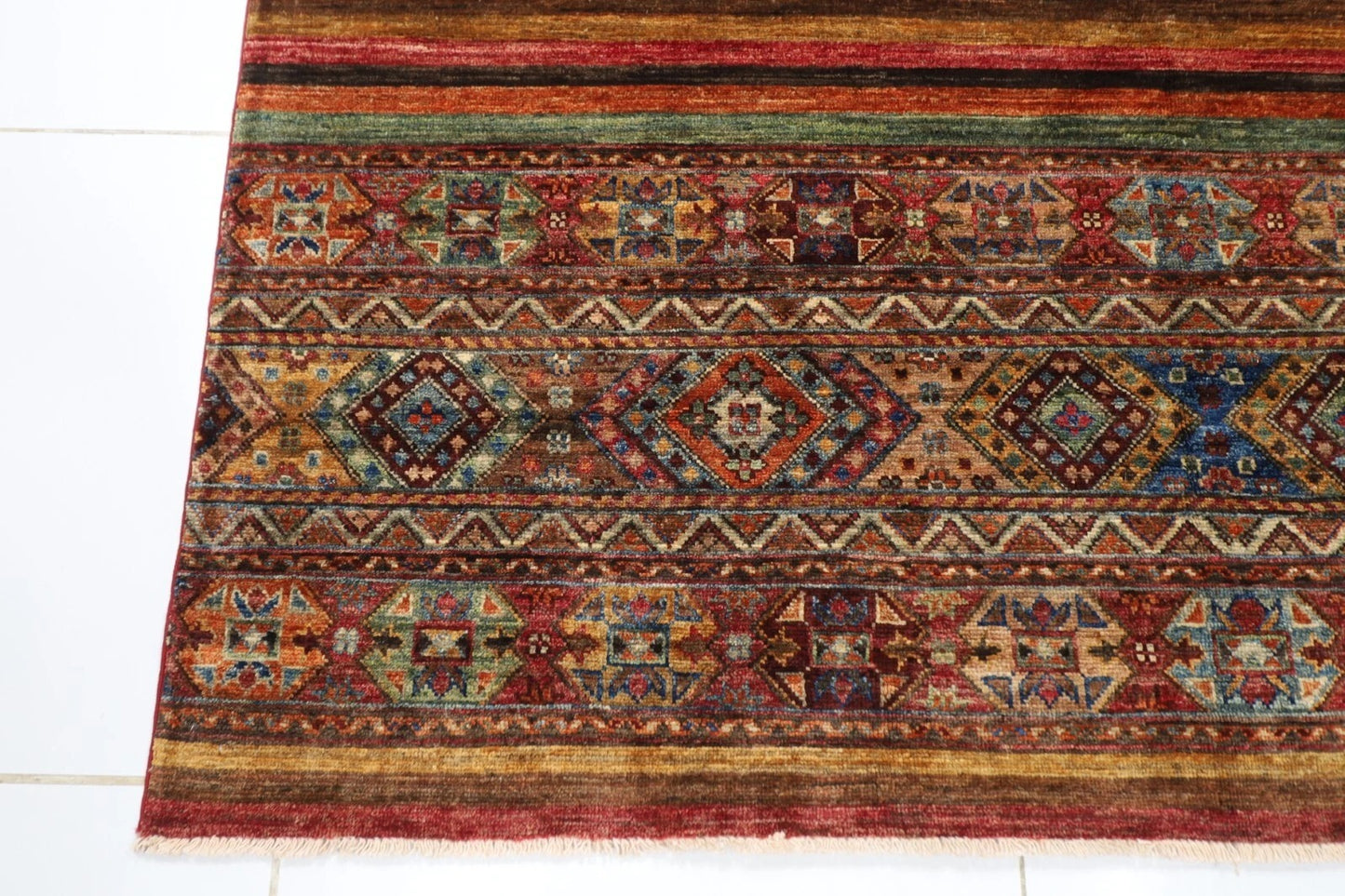 180 x 248 cm | Striped Afghan Tribal Hand Knotted Veg Dye Wool Carpet