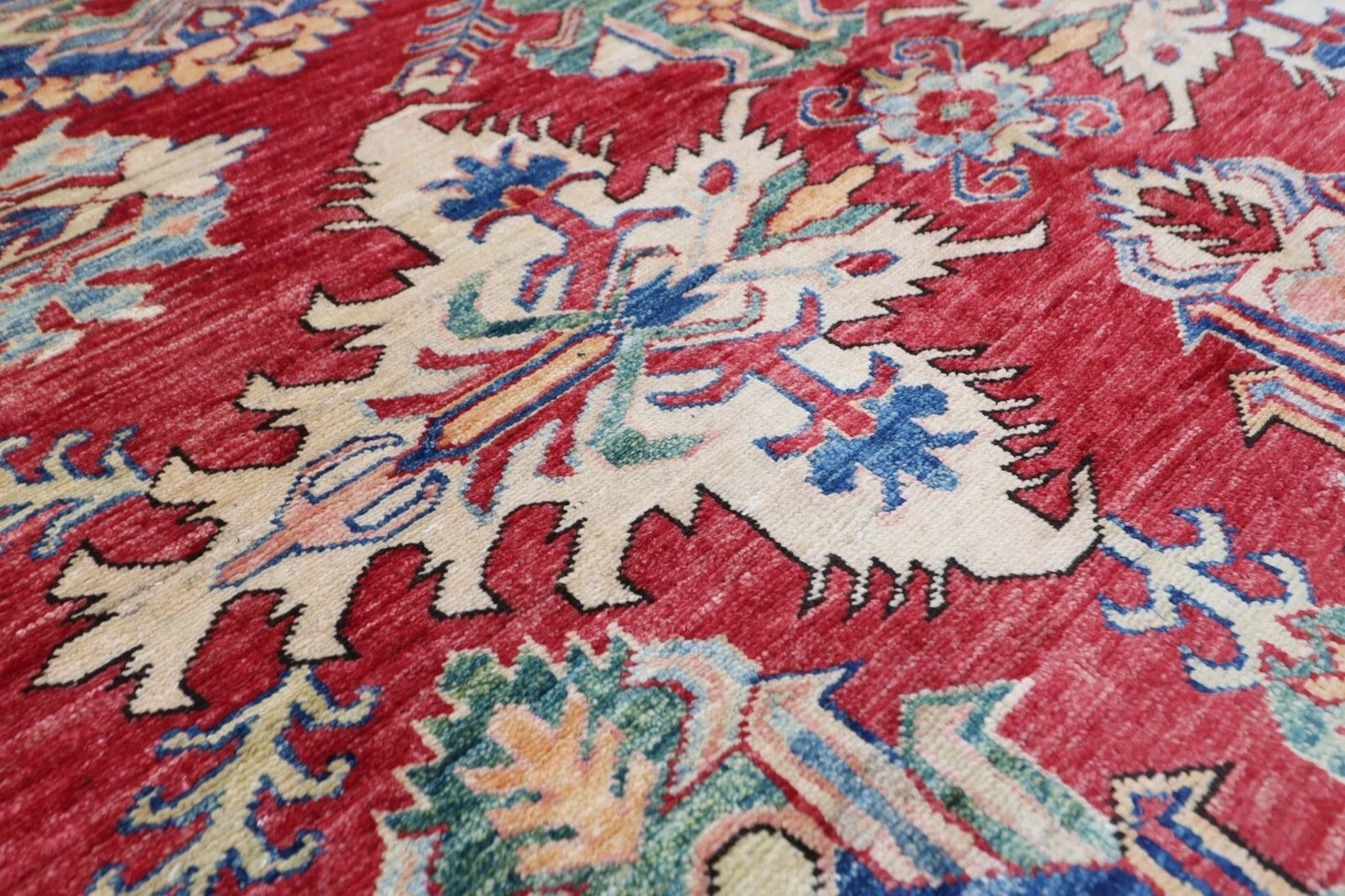 183 x 248 cm | Kazak Afghan Tribal Hand Knotted Veg Dye Wool Carpet