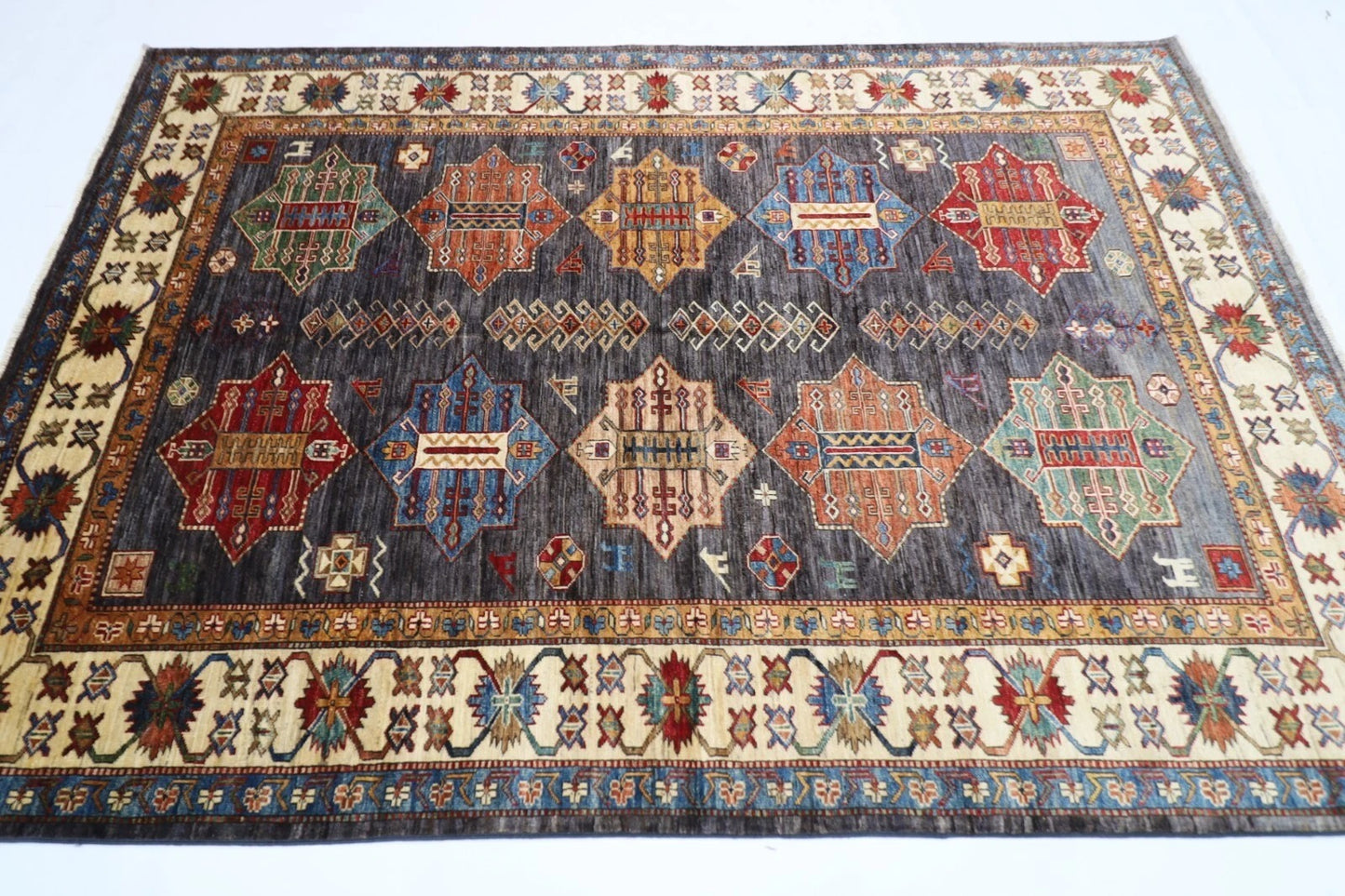 168 x 241 cm | Kazak Afghan Tribal Hand Knotted Veg Dye Wool Carpet