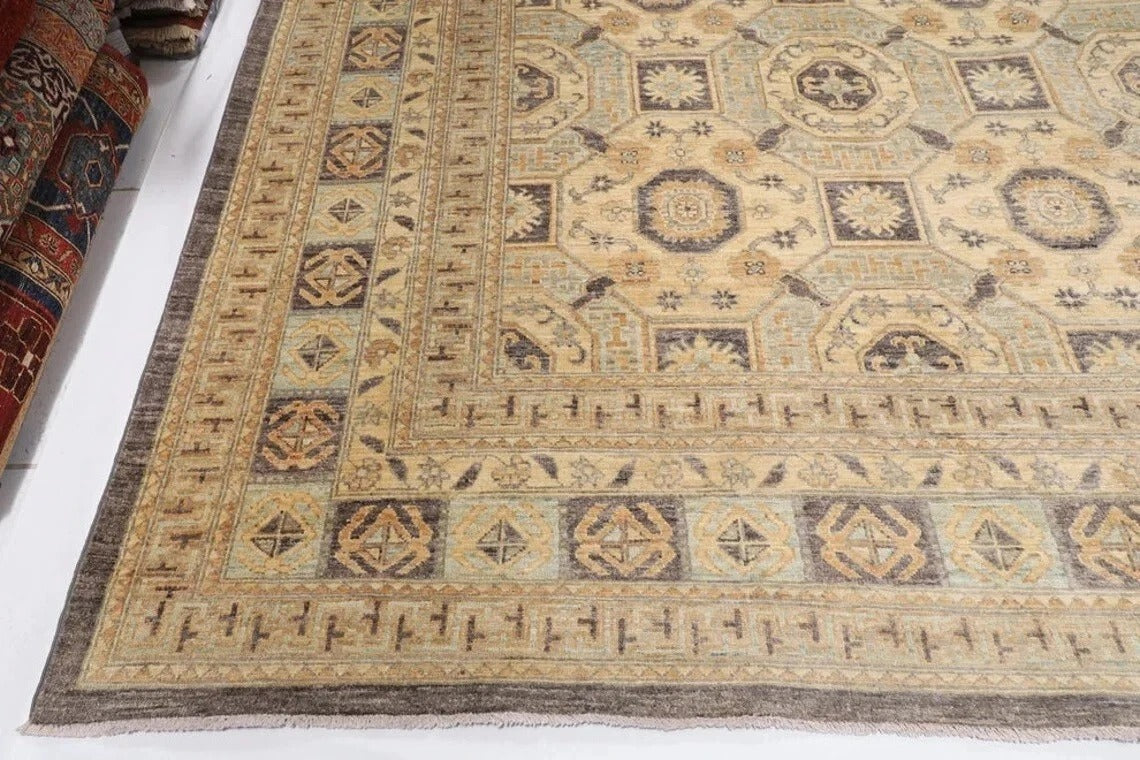 378 x 477 cm | Beige Afghan Handmade Large Size Area Rug Hand Knotted Carpet Living Room Rug