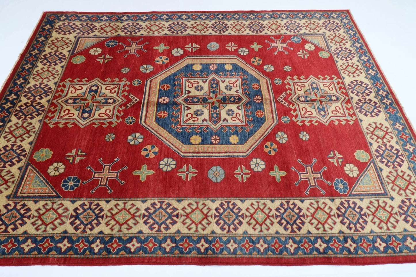 180 x 239 cm | Kazak Afghan Tribal Hand Knotted Veg Dye Wool Carpet