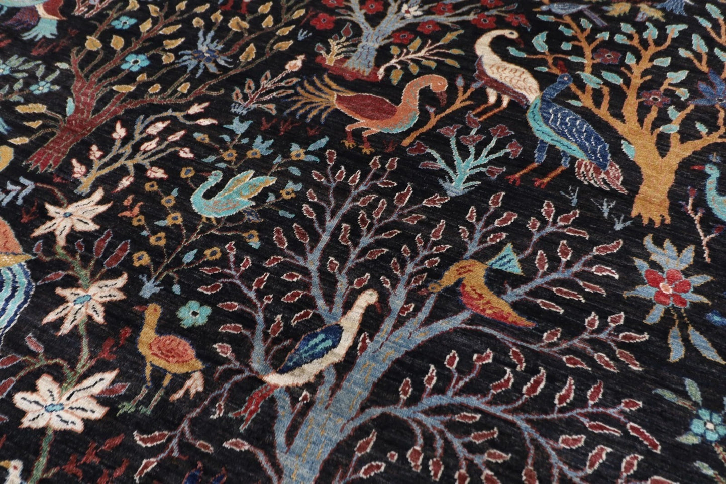 363 x 436 cm | Birds Black Afghan Tribal Hand Knotted Carpet