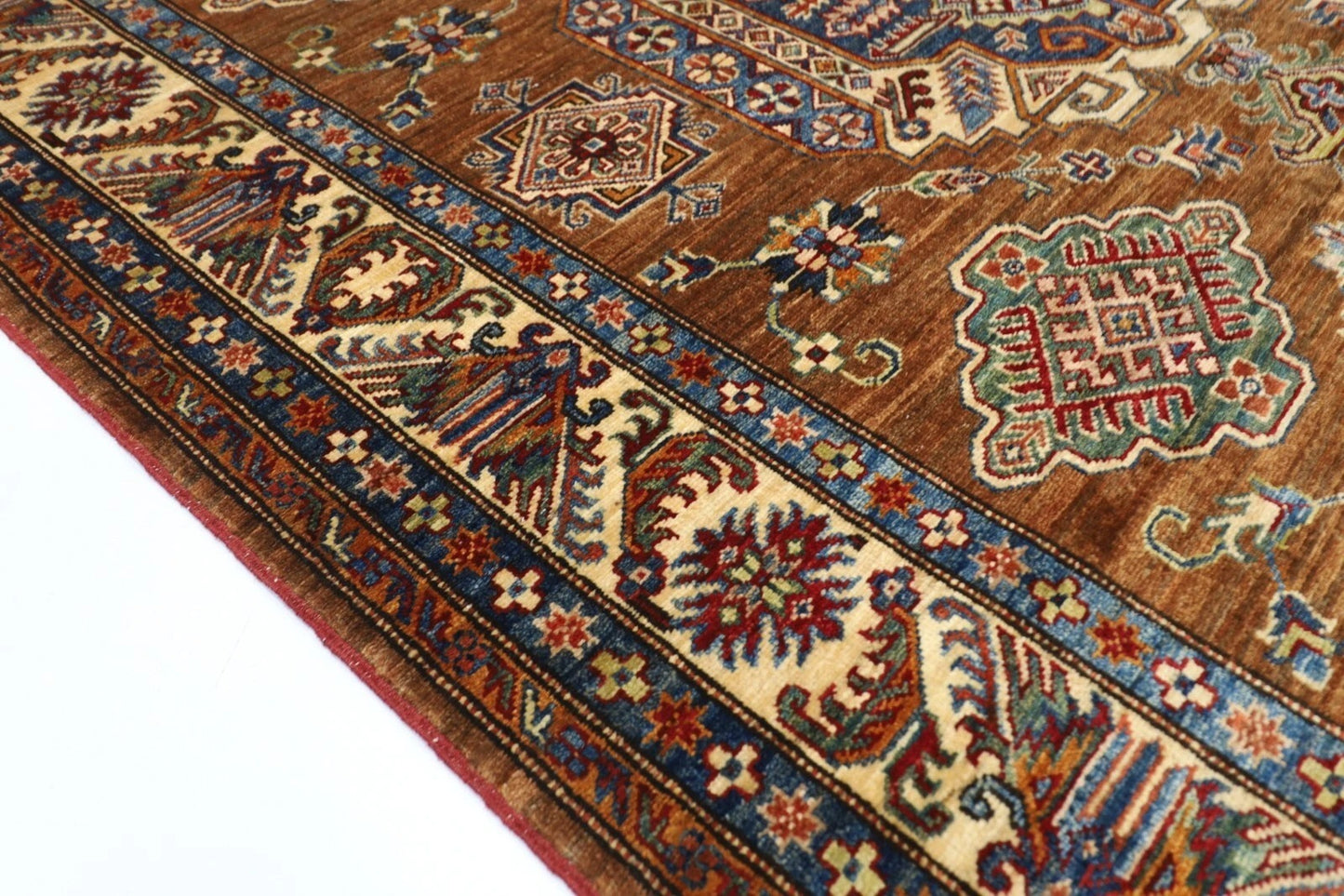 171 x 238 cm | Kazak Afghan Tribal Hand Knotted Veg Dye Wool Carpet caramel