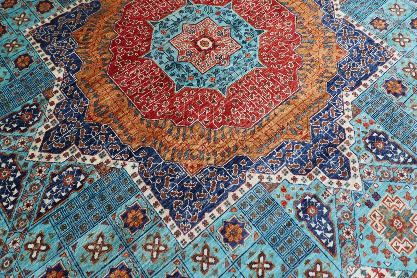 363 x 449 cm | Mamluk Turquoise Afghan Tribal Hand Knotted Carpet