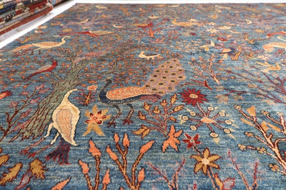 377 x 558 cm | Birds Blue Afghan Tribal Hand Knotted Carpet