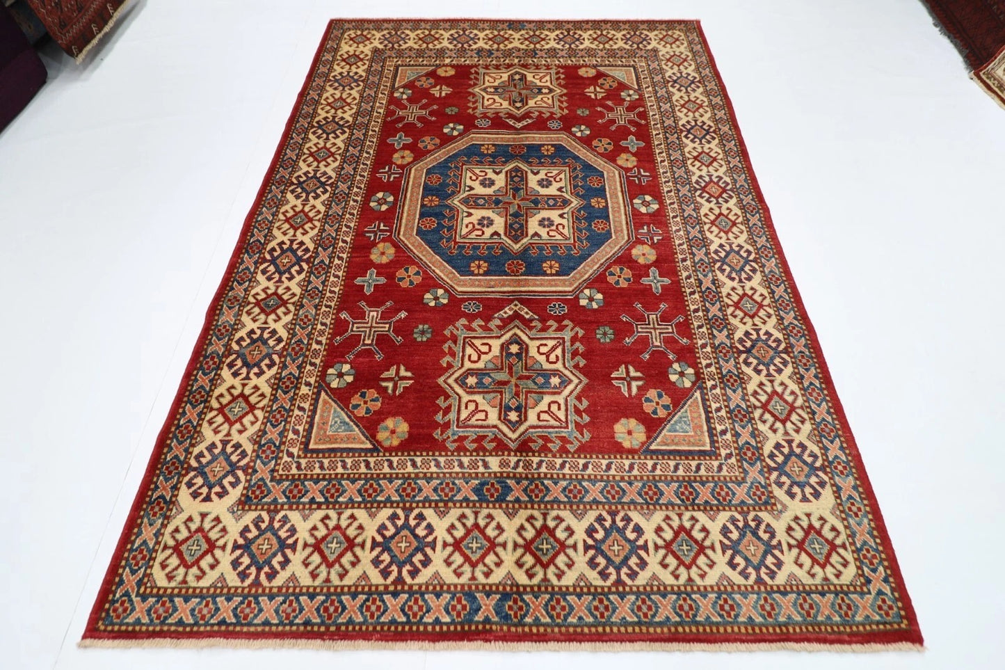 177 x 255 cm | Kazak Afghan Tribal Hand Knotted Veg Dye Wool Carpet