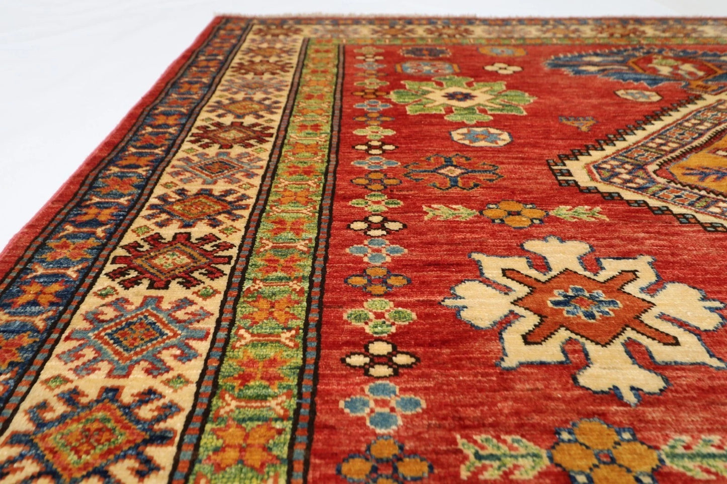170 x 242 cm | Kazak Afghan Tribal Hand Knotted Veg Dye Wool Carpet
