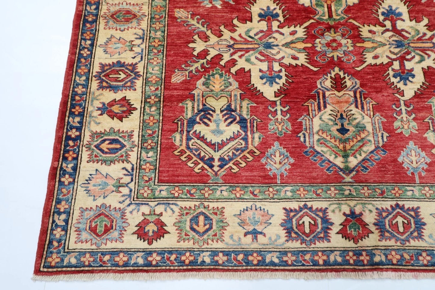183 x 248 cm | Kazak Afghan Tribal Hand Knotted Veg Dye Wool Carpet