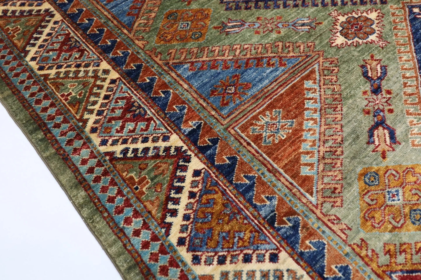 183 x 270 cm |  Kazak Green Afghan Tribal Hand Knotted Veg Dye Wool carpet