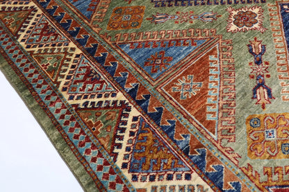 183 x 270 cm |  Kazak Green Afghan Tribal Hand Knotted Veg Dye Wool carpet