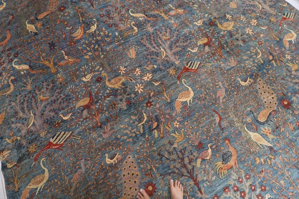 377 x 558 cm | Birds Blue Afghan Tribal Hand Knotted Carpet