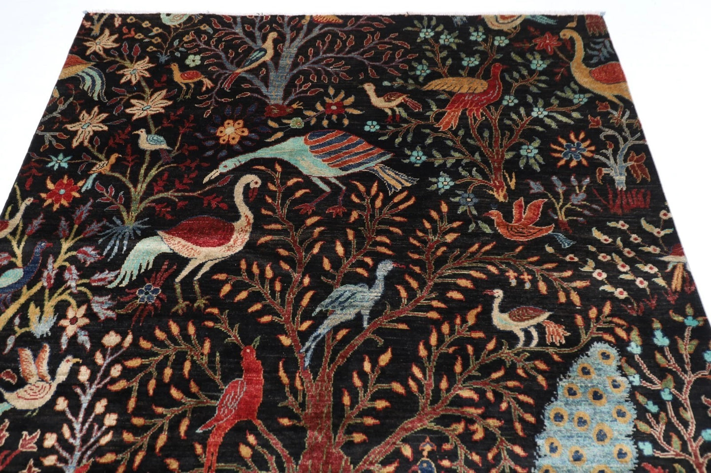 181 x 266 cm |  Birds Black Afghan Tribal Hand Knotted Veg Dye Wool carpet