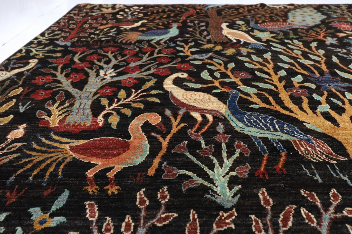 363 x 436 cm | Birds Black Afghan Tribal Hand Knotted Carpet