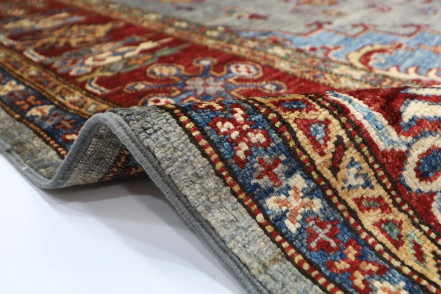 173 x 240 cm | Kazak Afghan Tribal Hand Knotted Veg Dye Wool Carpet Blueish Grey